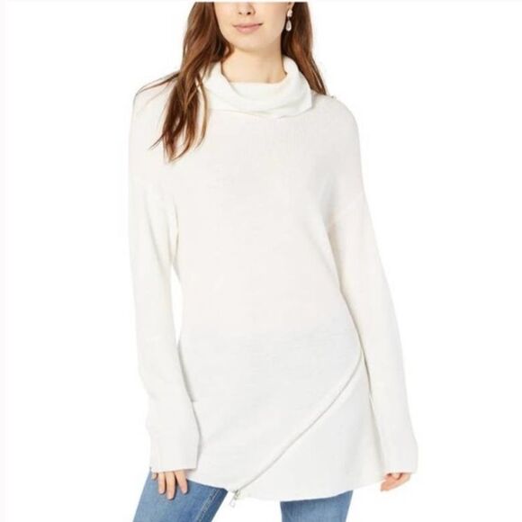 NWT New Bar III Winter White Cowl Neck Sweater Dress/Tunic Asymmetrical Zipper M - Picture 1 of 7